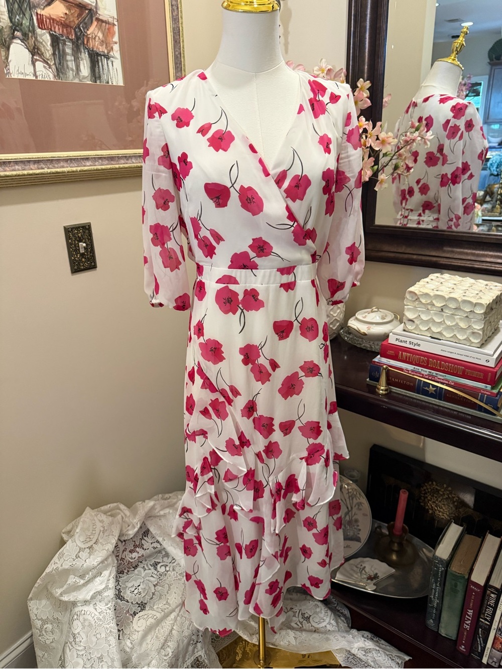 Maison Tara White Midi Dress with Pink Floral Print